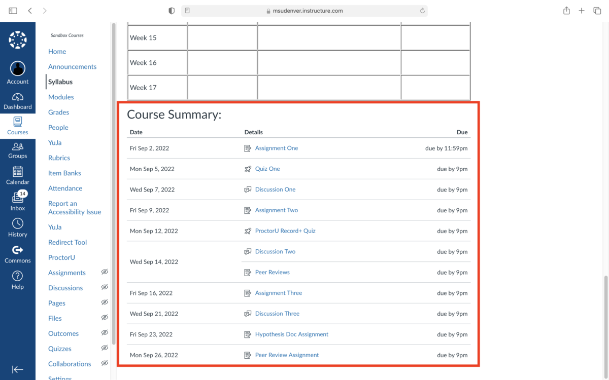 Where is the course summary and calendar in my syllabus? - CTLD Ready