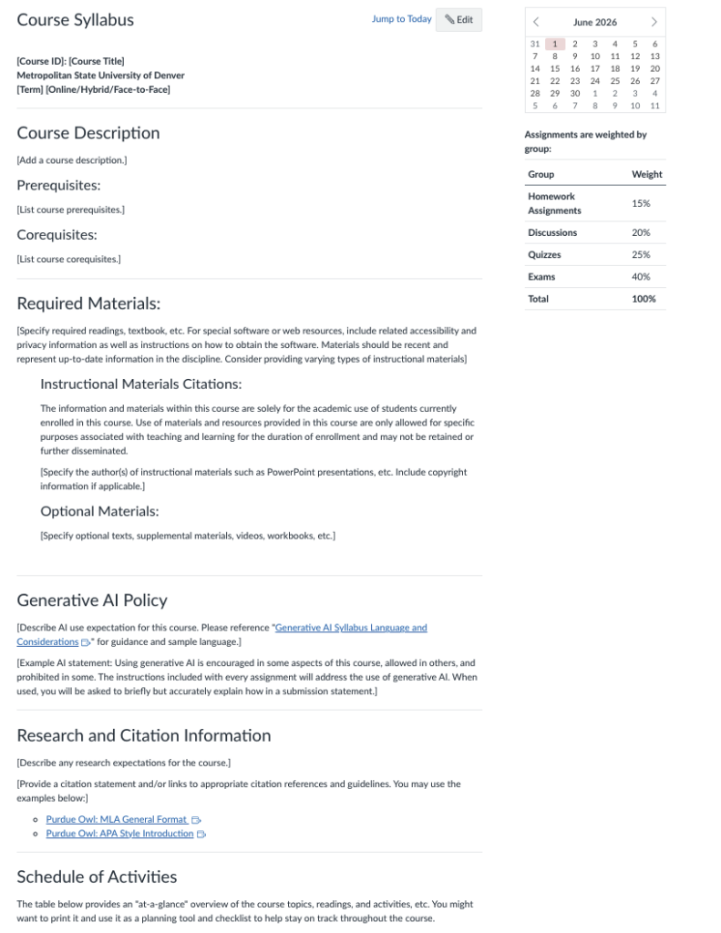 Blueprint Syllabus template with brackets around description of what to include in each section.
