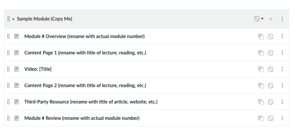 Blueprint Sample Module with the pages: Module Overview, Content Page 1, Video, Content Page 2, Third-Party Resource, and Module Review.