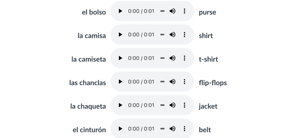 The image contains a list of clothing-related vocabulary in Spanish, each with a corresponding audio play button for pronunciation practice. The items and their translations into English are as follows:

el bolso – purse
la camisa – shirt
la camiseta – t-shirt
las chanclas – flip-flops
la chaqueta – jacket
el cinturón – belt
Each vocabulary word is presented alongside an audio control for listening to the pronunciation.