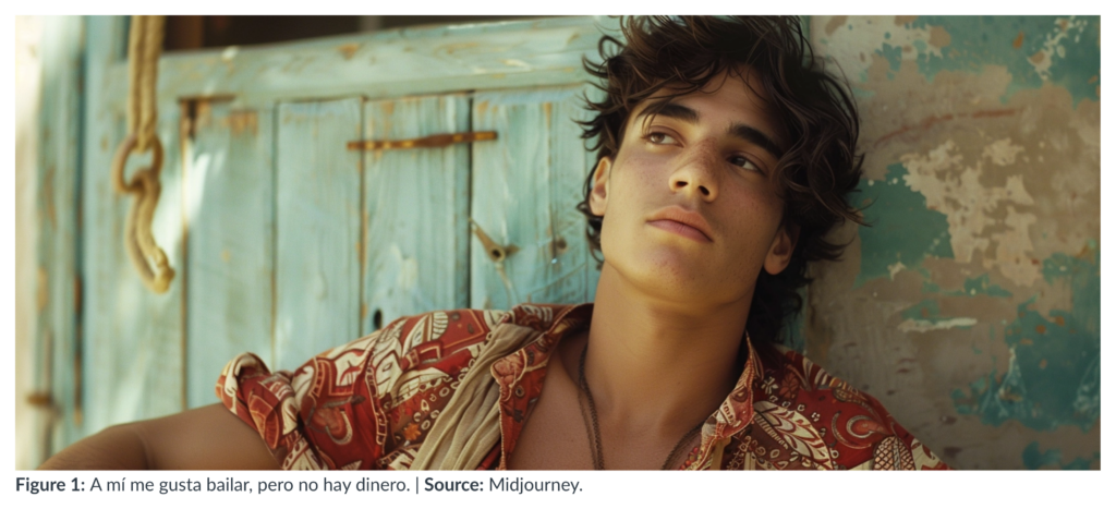 The image shows a young man with tousled hair wearing a patterned red shirt, leaning back in a relaxed posture against a rustic, weathered teal door. His facial expression suggests a pensive or thoughtful mood. The caption below the image reads: "A mí me gusta bailar, pero no hay dinero." which translates to "I like to dance, but there is no money." The image source is credited to Midjourney.