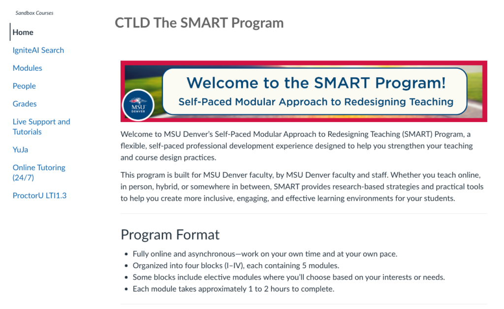 The home page for the SMART Program in Canvas featuring an in introduction paragraph and the Program Format.