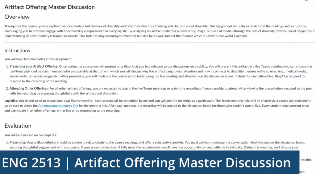 The instructions within the Canvas LMS for the Artifact Offering Master Discussion.