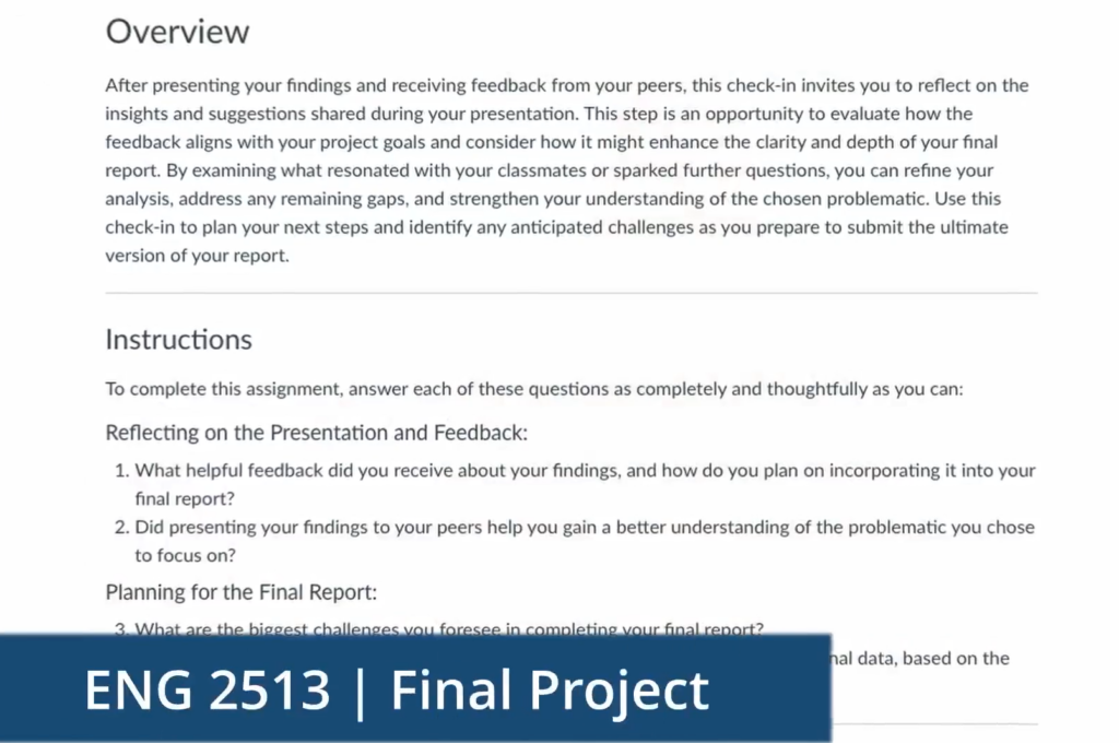 The overview and instructions for one of the reflective check-ins that lead to the final project.