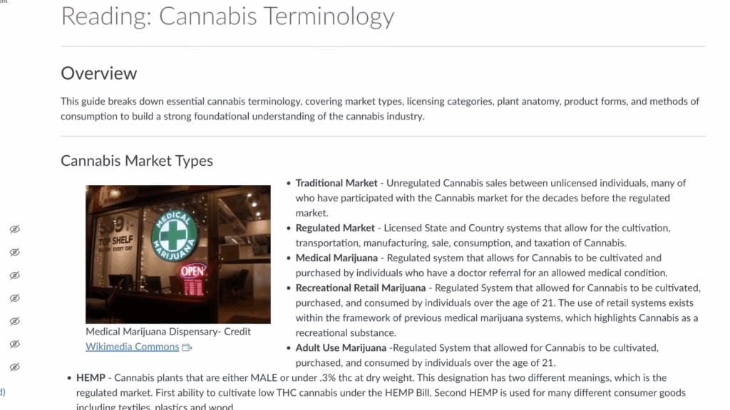 A reading page from the online course starting with important Cannabis terminology.