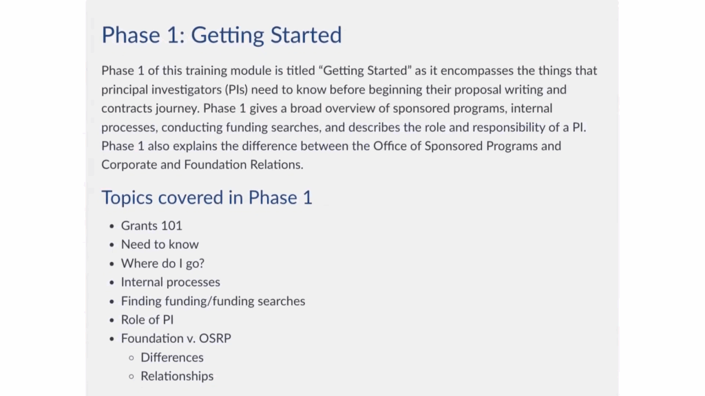 The Phase 1: Getting Started page with description of the module from the Principal Investigator Certification Course.