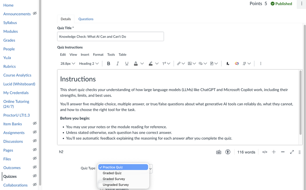 The Edit Quiz Settings page with Practice Quiz selected as the quiz type.