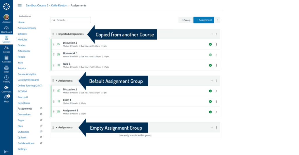 Canvas Assignments page showing three groups: 'Imported Assignments' with several items, the default 'Assignments' group with items, and a second empty 'Assignments' group.