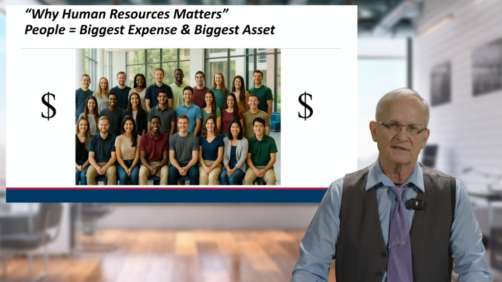A screenshot from an online lecture featuring a different subject matter expert teaching about Human Resources.