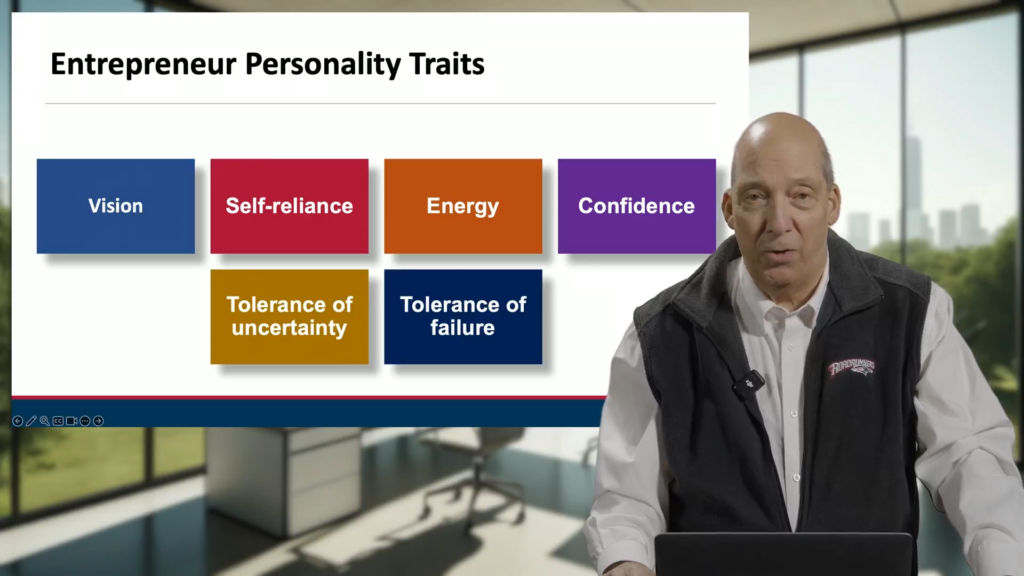 A screenshot from an online lecture featuring a subject matter expert teaching about Entrepreneur Personality Traits. 