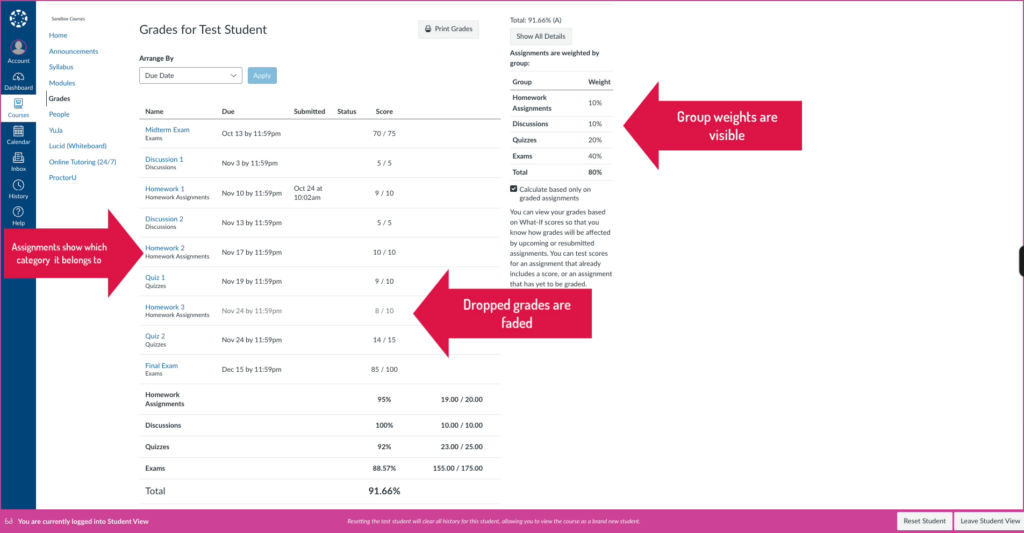 Test Student view of the matching Canvas Gradebook to the Assignment Page above showing assignments grouped by category, visible group weights listed out, and a faded homework score indicating a dropped assignment.