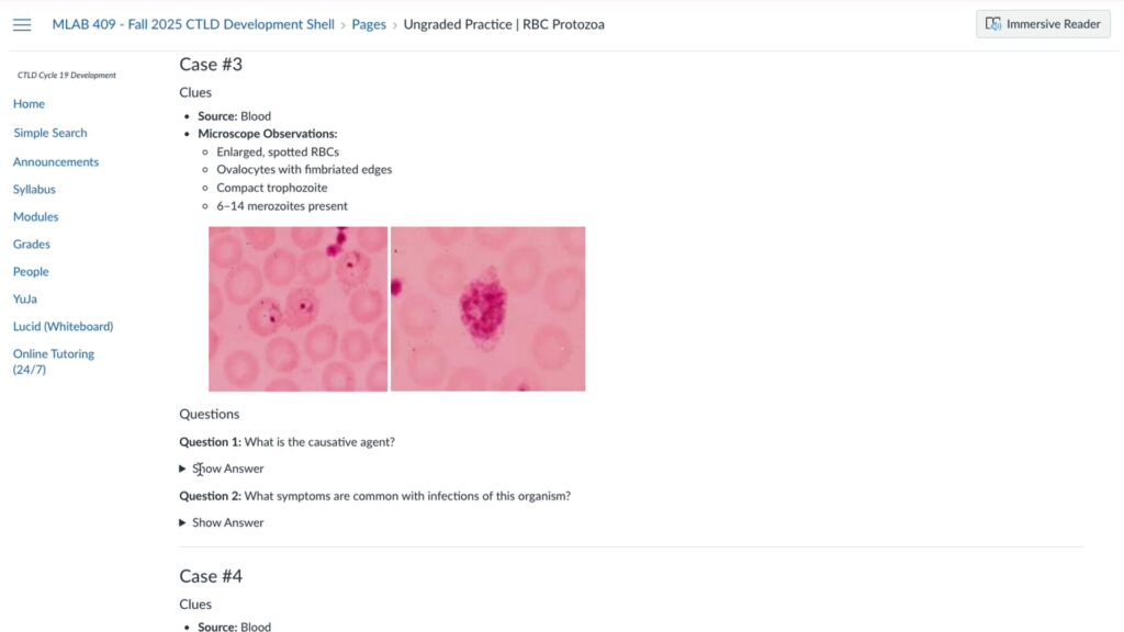 A page from the Parasitology Canvas Course showing Case #3 practice activity.