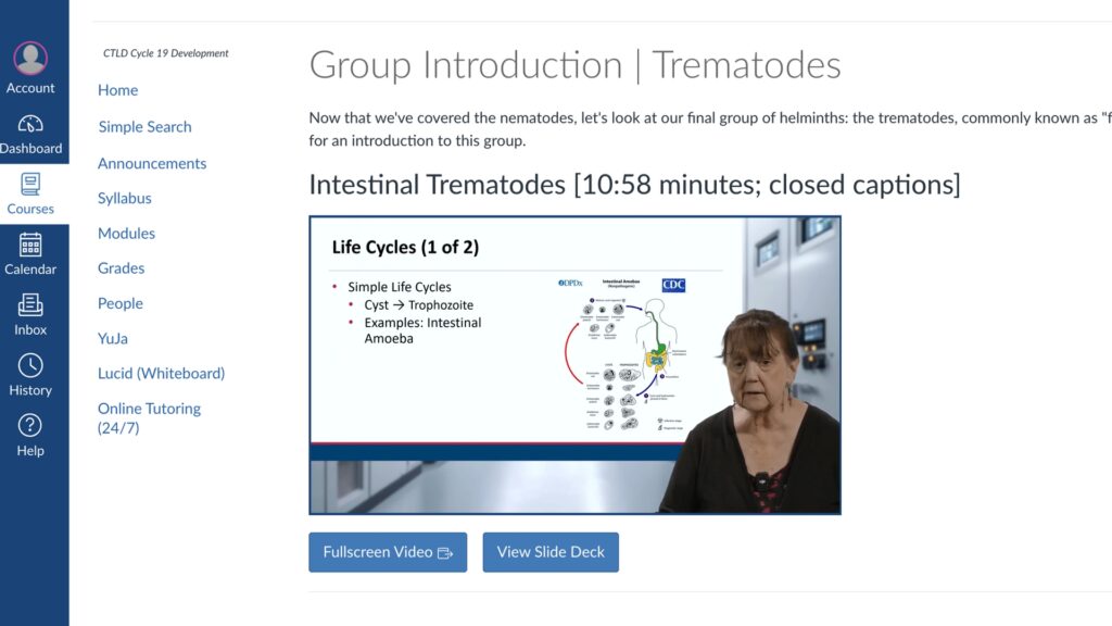 A page from the Parasitology course on Canvas title Group Introduction, giving an example of consistent course structure.