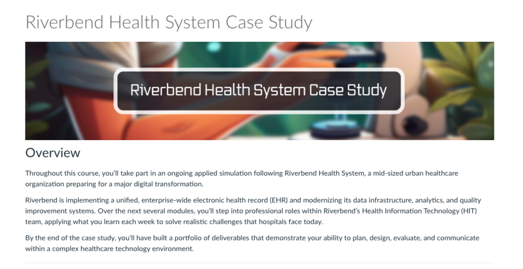 The overview page from the Riverdend Health System Case Study within the Canvas LMS.