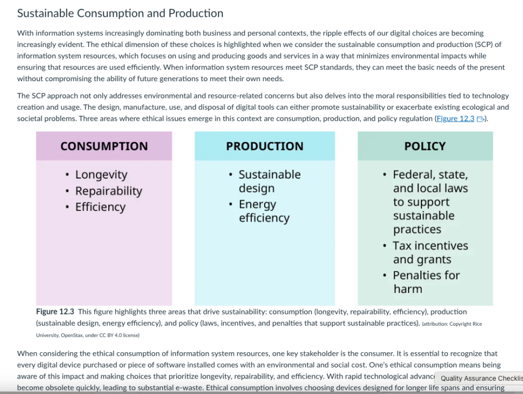 Visual elements of the OER textbook are clear with the headings Consumption, Production, and Policy.