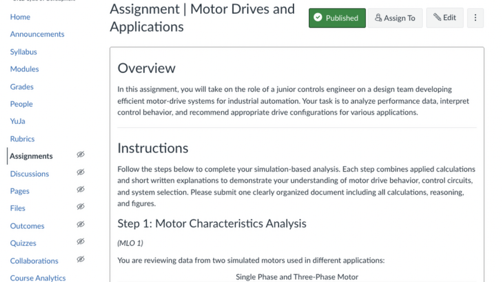 Screen shot of an Assignment from the course asking student to take on the role of a junior controls engineer on a design team.
