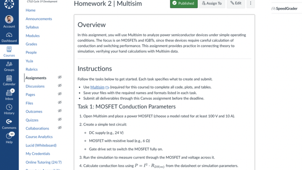 Screenshot of a Homework Assignment asking students to use Multisim to analyze power semiconductor devices under simple operating conditions.