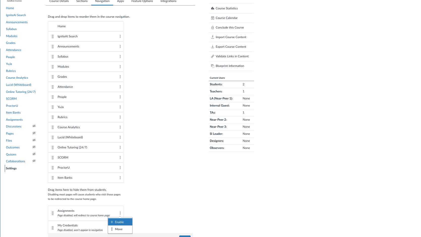 View of Course Navigation settings in Canvas showing the Enable menu next to assignments.
