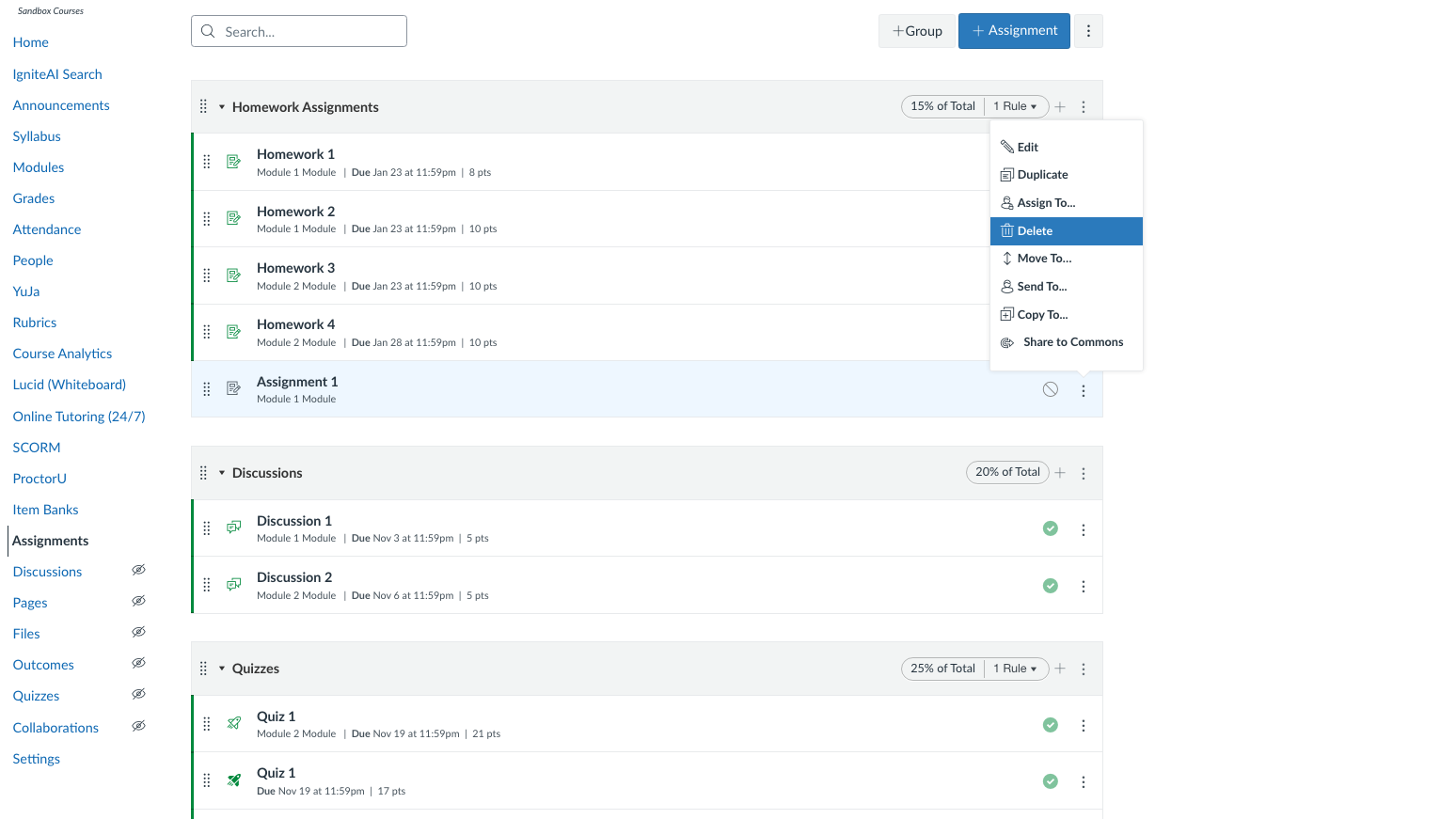 View of Assignments page with Assignment selected, and a drop-down menu with delete selected.
