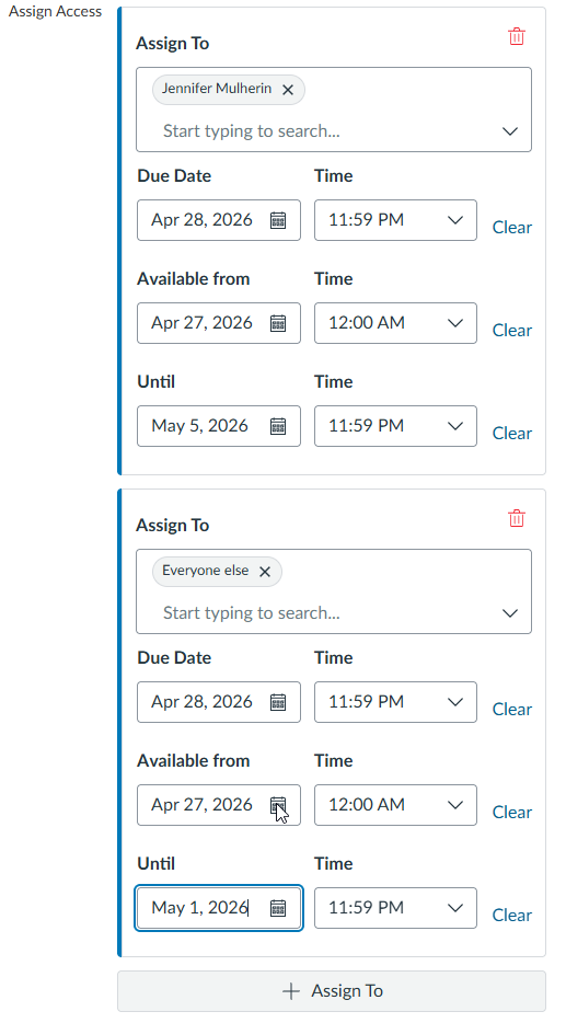 Assign to screen showing a single learner as well as everyone else added to the assignment