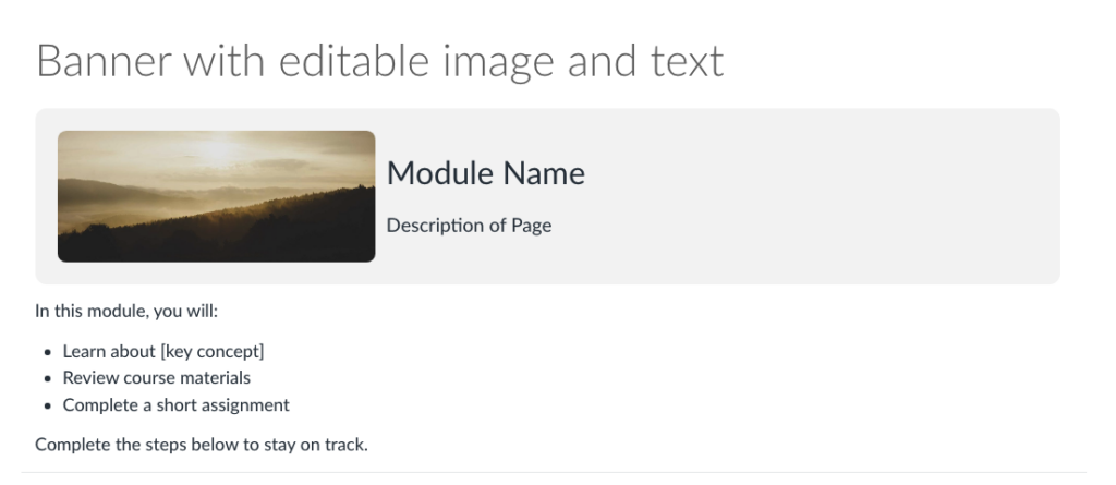 Example module page with an editable banner with a grey background containing an image, module title, and description.