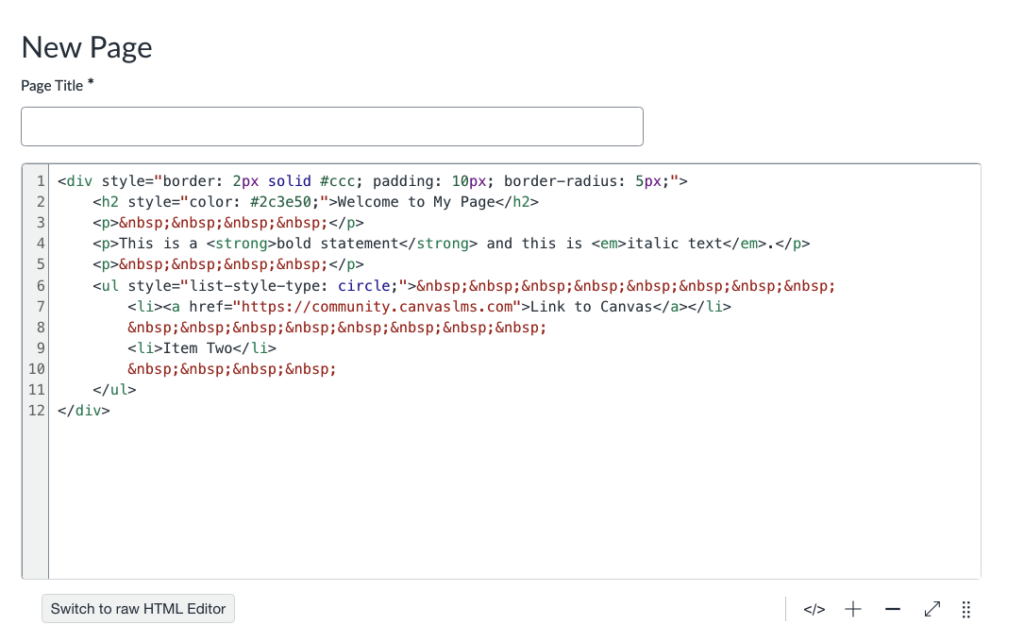 View of HTML editor with code pasted in.