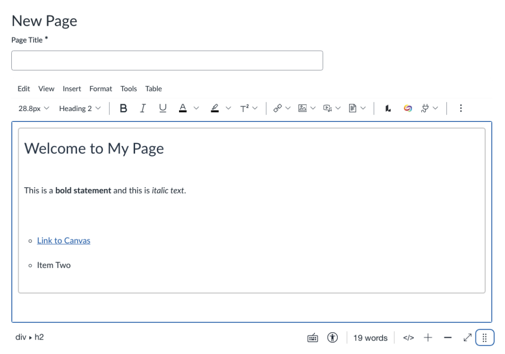 View of RCE showing a border and different text formatting options.