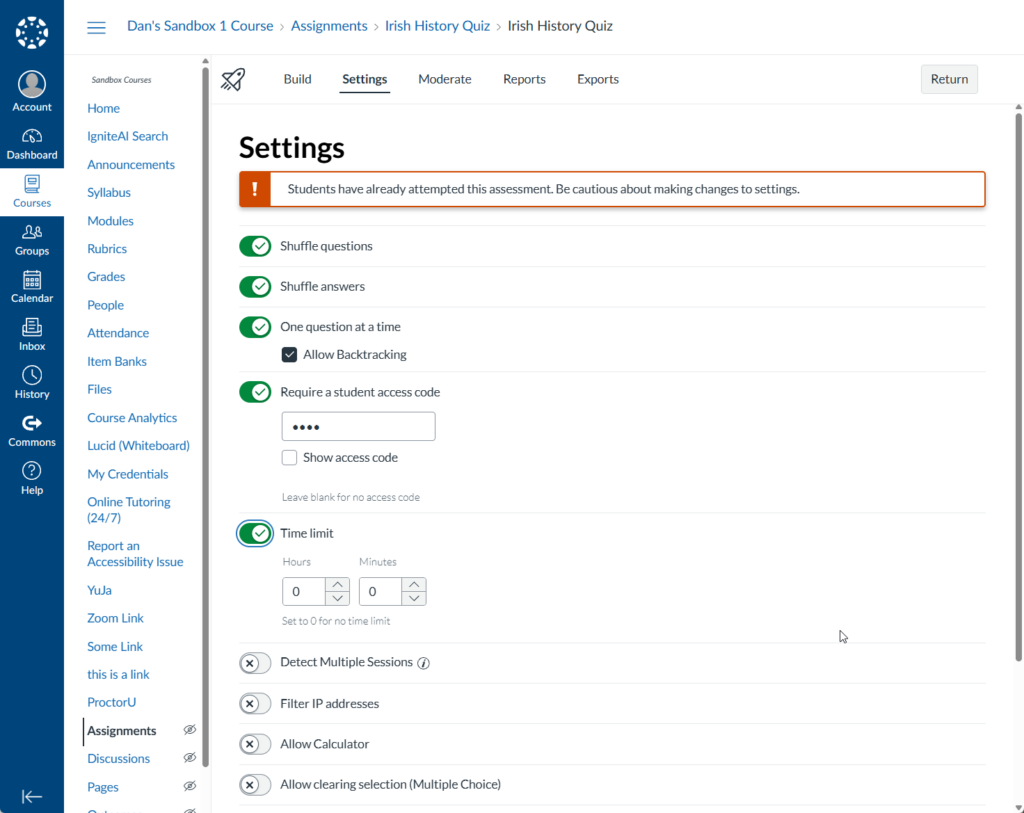 Canvas screenshot showing Settings selected for quizzes.