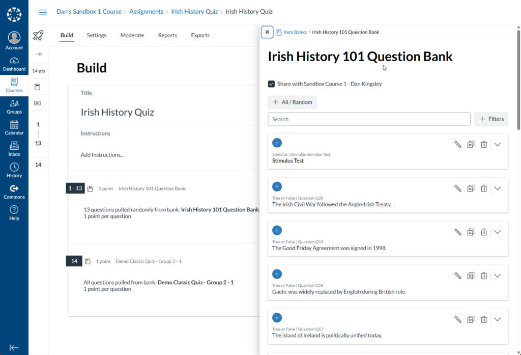 Screen shot of canvas Build screen with a question bank visible with selectable questions.