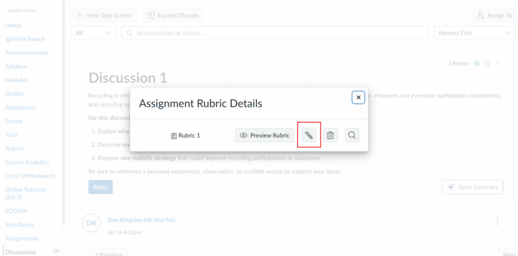 View of pop-up window that appears when you select Show Rubric in Discussions with a red box around the pencil icon.