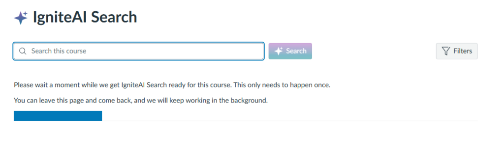 IgniteAI Search displays an indexing progress bar the first time you use it within your course.