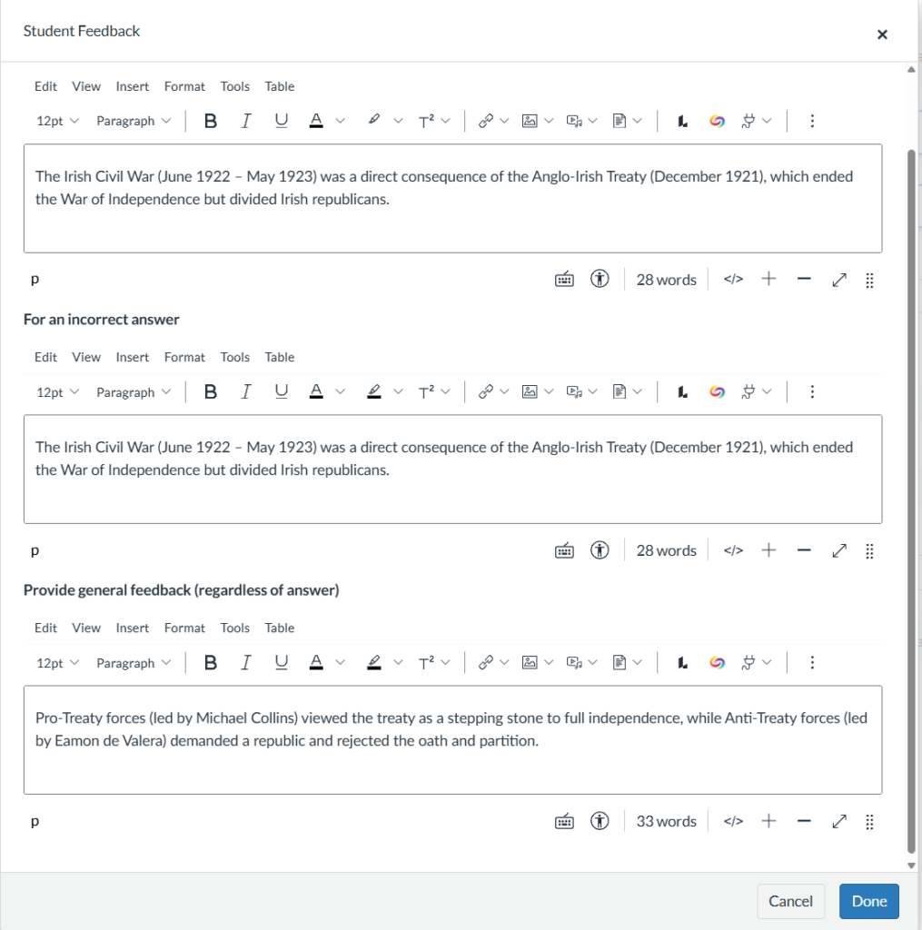 Screen capture of the Student Feedback page from New Quizzes. Showing correct, incorrect, and general feedback.