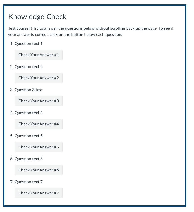 Knowledge check page with seven questions, each followed by a “Check Your Answer” button.
