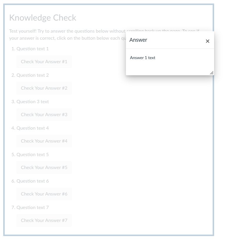 Knowledge check page with an answer pop-up displayed after selecting a “Check Your Answer” button.