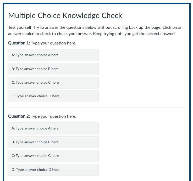 Knowledge check page with two questions each followed by four answer choices.