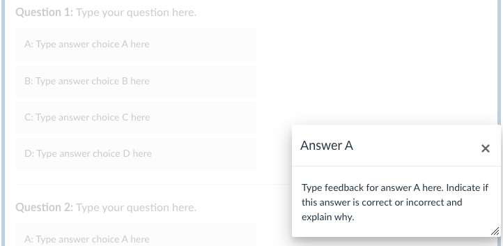 Knowledge check page with an answer pop-up displayed after selecting the answer choice A.
