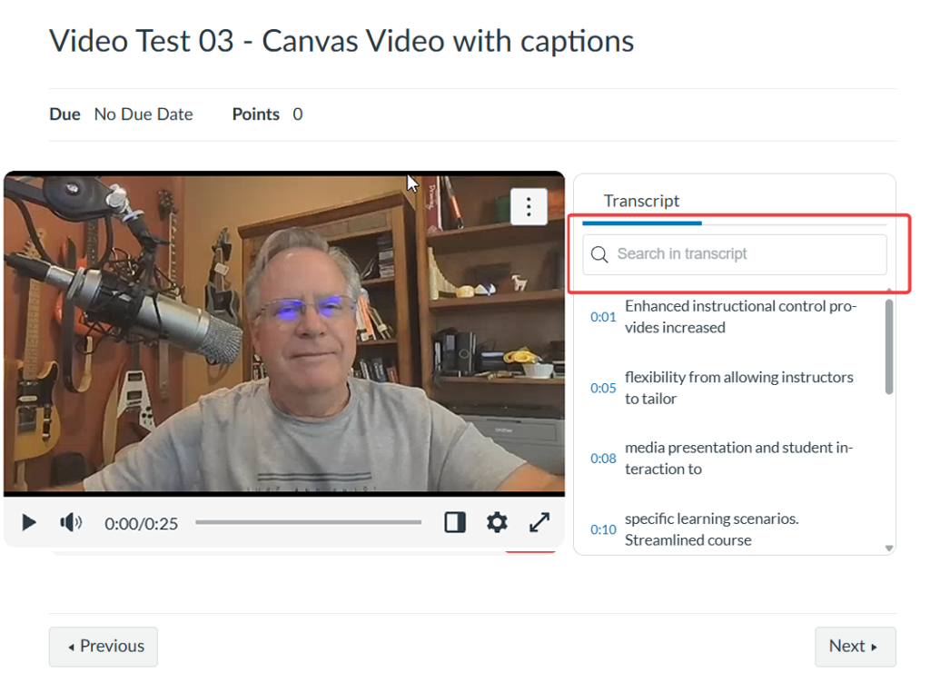 Student view of video player with video on the left side and rolling transcript on the right.