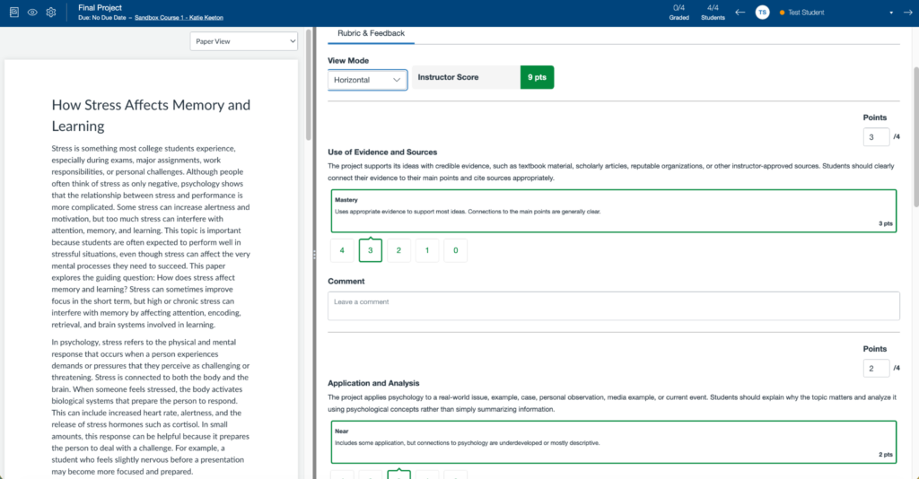 Horizontal view of rubric, displaying a criterion name and description, with 5 rating levels in a row underneath, and a rating description for the selected rating.