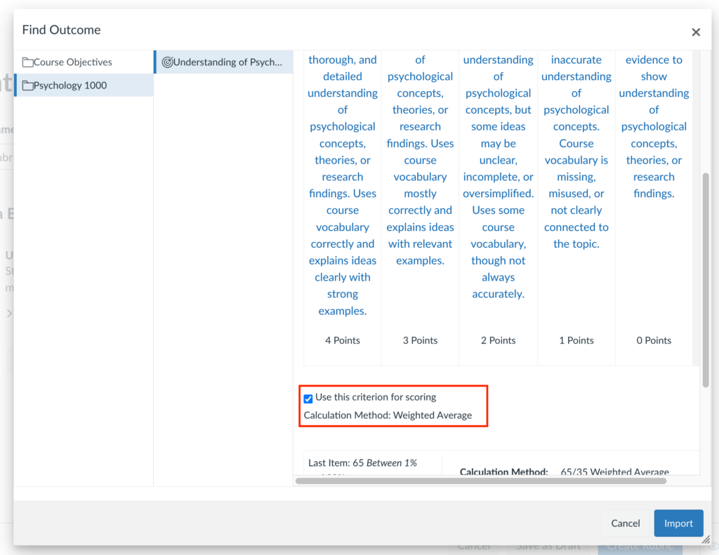 The Find Outcome window with a box around "Use this criterion for scoring."