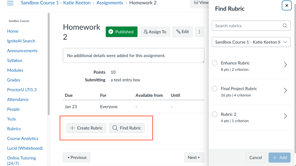 An Assignment page with a box around the Rubric Options, and the Find Rubric panel open on the right.