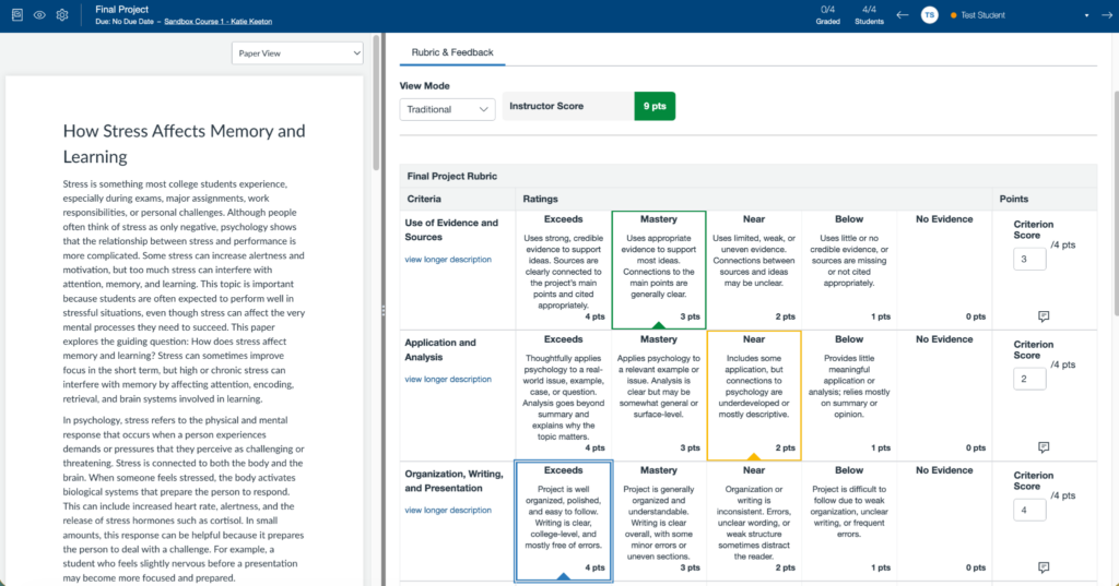 Traditional view of rubric, displaying criteria as rows including the criteria name, ratings levels, and rating level descriptions for each one.