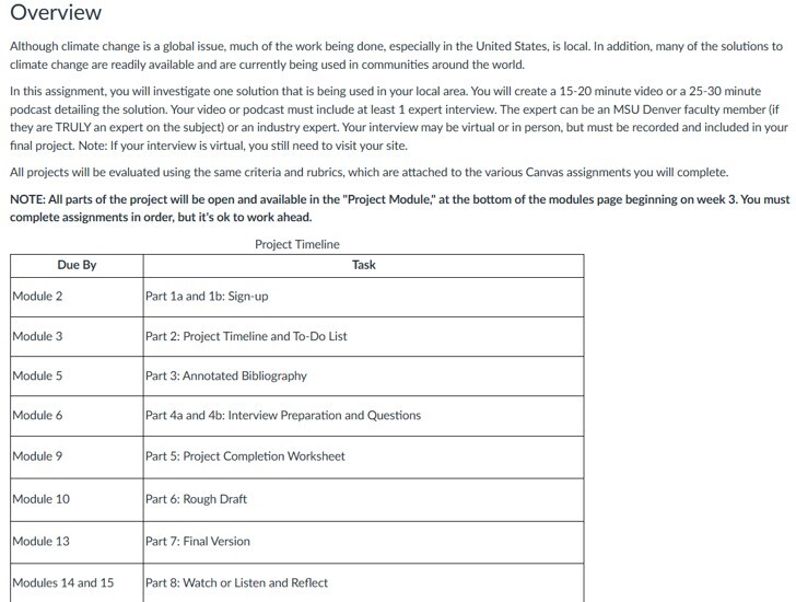 Project Overview page from the course including a summary overview of the project and a project timeline breakdown with 8 parts divided between 15 modules.