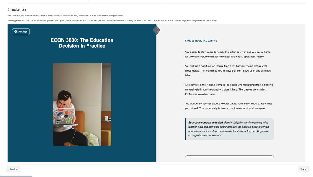 A screenshot from the Education in Practice simulation showing what resulted from choosing to attend the regional campus.