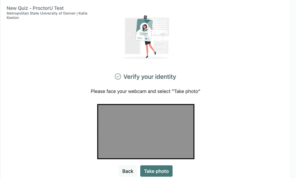 The Verify your identity screen from the pre-check asking students to face the webcam and select "Take photo"