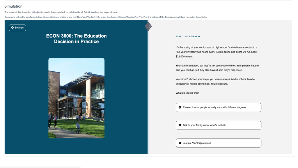 Opening screen of the Human Capital Twine simulation establishing the student's role as a high school senior considering college.