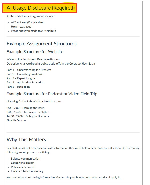 A screenshot showing the "AI Usage Disclosure (Required)" section, examples of assignment structures for websites and podcasts, and a "Why This Matters" section explaining the goals of the assignment.