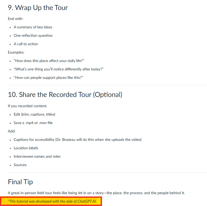 A screenshot of course instructions detailing "9. Wrap Up the Tour" and "10. Share the Recorded Tour (Optional)," providing lists of recommended closing components and steps for recording and editing content.