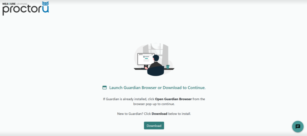 View of the ProctorU pop-up prompting users to either launch or download the Guardian browser.