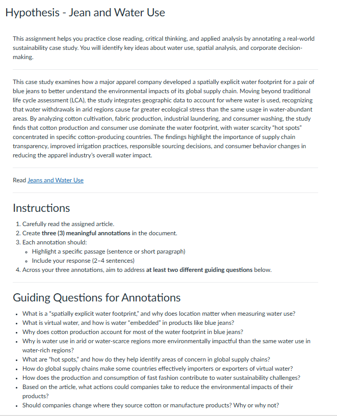 A screenshot of an assignment page titled "Hypothesis - Jean and Water Use," providing the assignment overview, specific instructions, and a list of guiding questions for annotations.