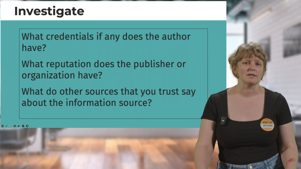 A librarian from the Auraria Library discussing the SIFT method with a slide about how to investigate sources.